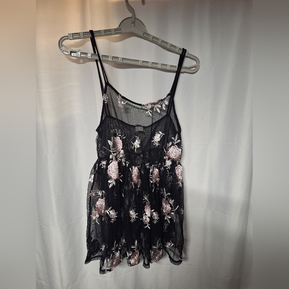 VENUS Black Babydoll Dress with Pink and White Floral Embroidery